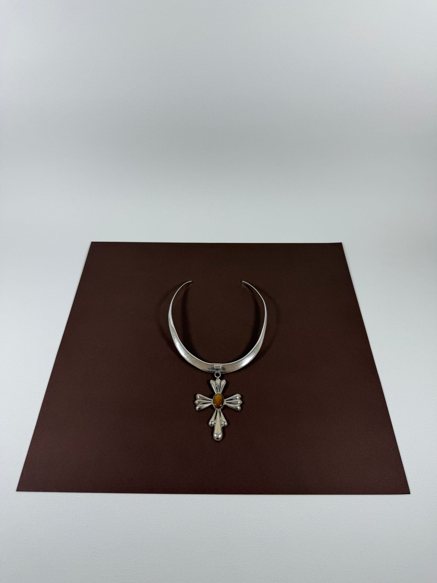 Sterling silver cuff necklace/tiger eye cross pendant