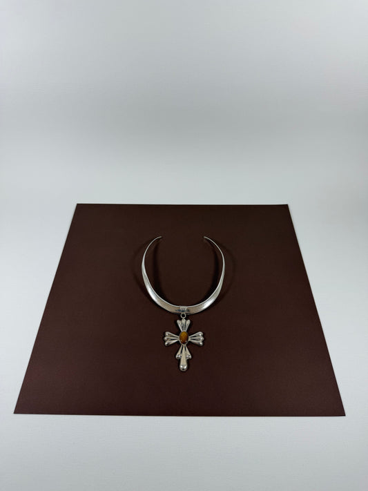 Sterling silver cuff necklace/tiger eye cross pendant