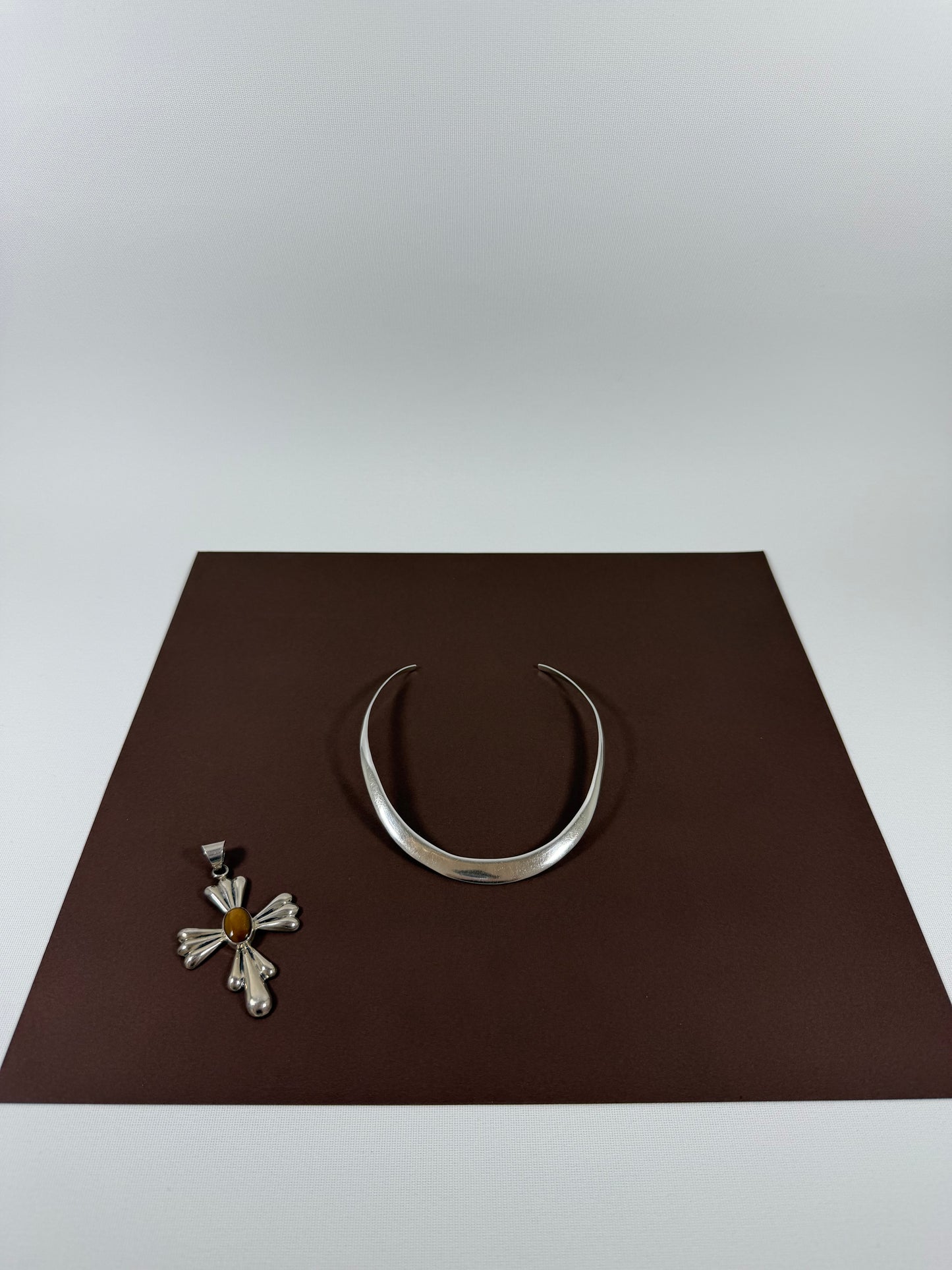 Sterling silver cuff necklace/tiger eye cross pendant